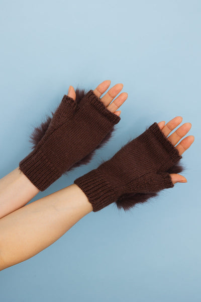 Faux Fur Trim Fingerless Knit Mittens - 6 colors