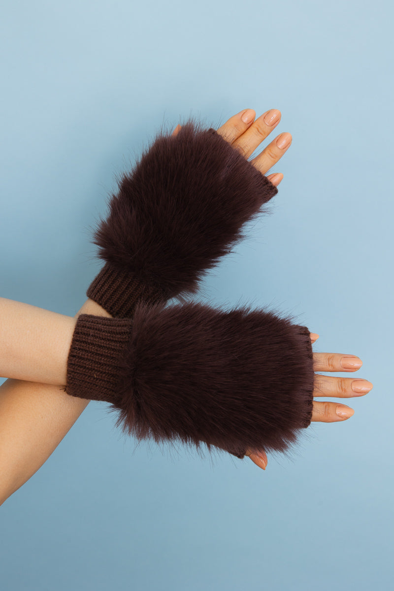 Faux Fur Trim Fingerless Knit Mittens - 6 colors