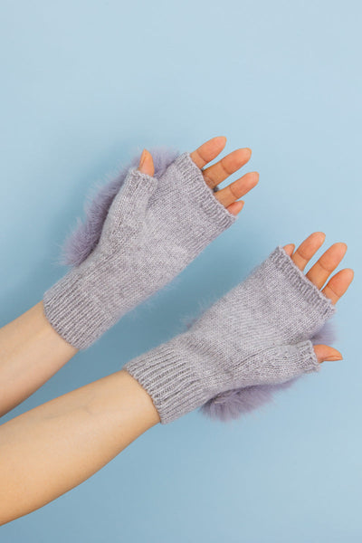 Faux Fur Trim Fingerless Knit Mittens - 6 colors