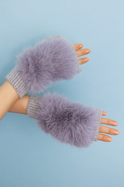 Faux Fur Trim Fingerless Knit Mittens - 6 colors