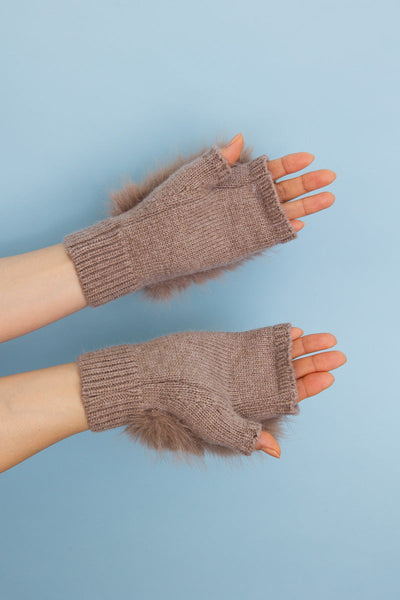 Faux Fur Trim Fingerless Knit Mittens - 6 colors