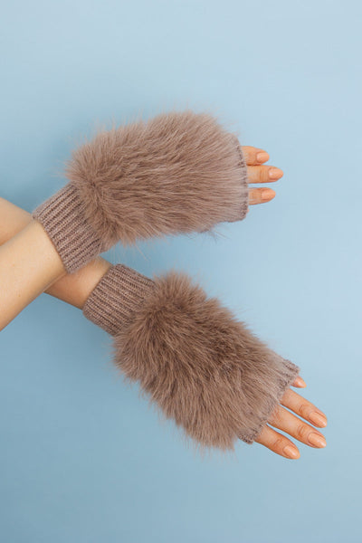 Faux Fur Trim Fingerless Knit Mittens - 6 colors