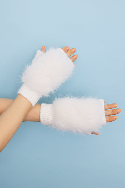 Faux Fur Trim Fingerless Knit Mittens - 6 colors