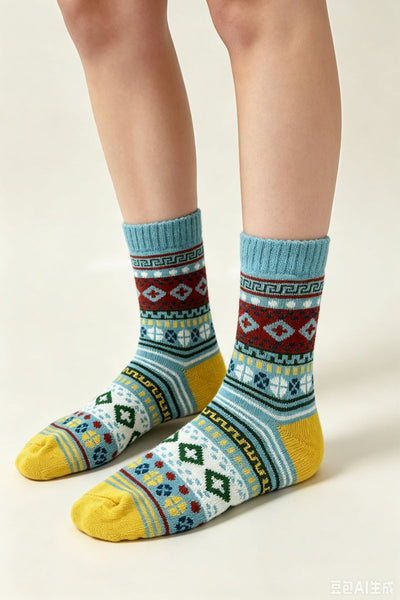Retro Fair Isle Geometric Knit Crew Winter Socks For Women Leto Collection