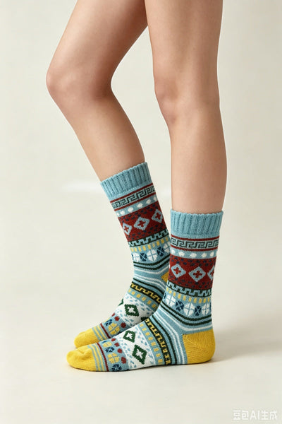 Retro Fair Isle Geometric Knit Crew Winter Socks For Women Leto Collection