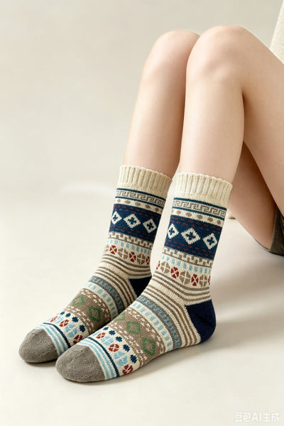 Retro Fair Isle Geometric Knit Crew Winter Socks For Women Leto Collection