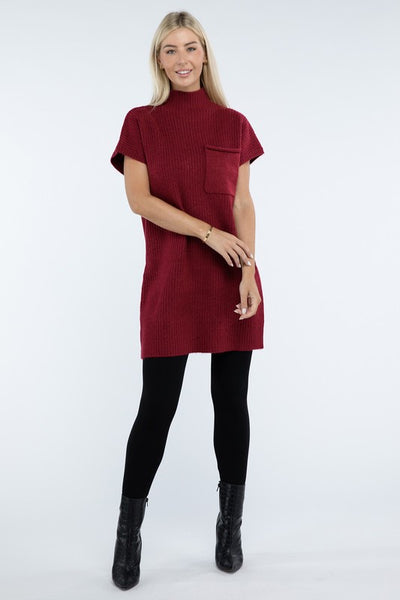 Mock Neck Short Sleeve Sweater Dress with Pocket (6 colors)