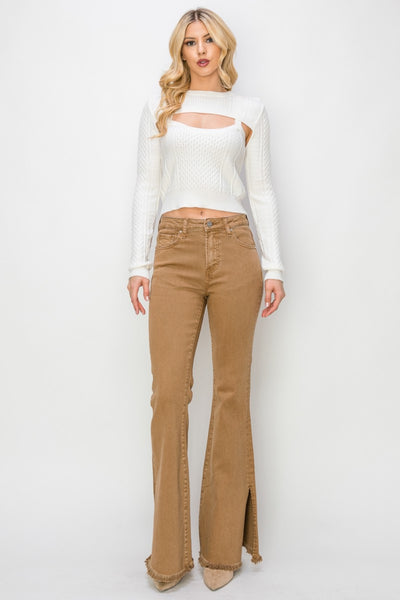 RISEN Camel Side Slit Flare Jeans