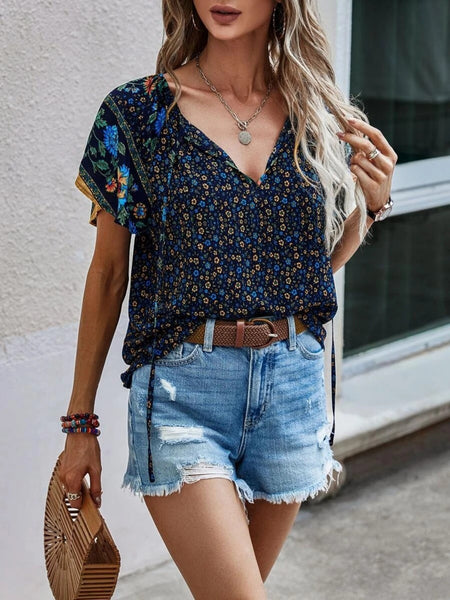 Printed Tie Neck Short Sleeve Blouse-4 colors