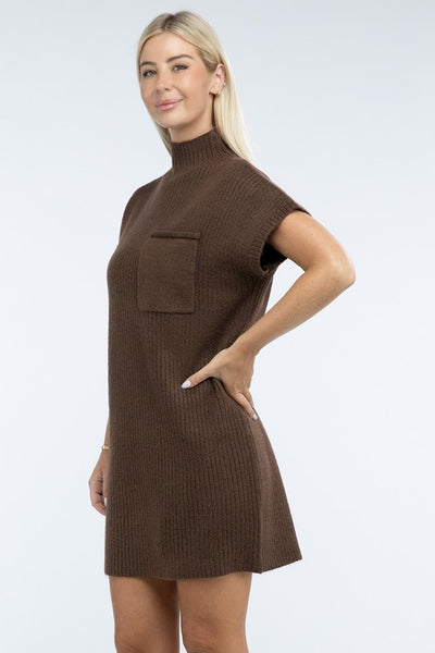 Mock Neck Short Sleeve Sweater Dress with Pocket (6 colors)