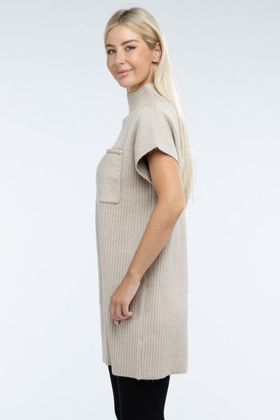 Mock Neck Short Sleeve Sweater Dress with Pocket (6 colors)