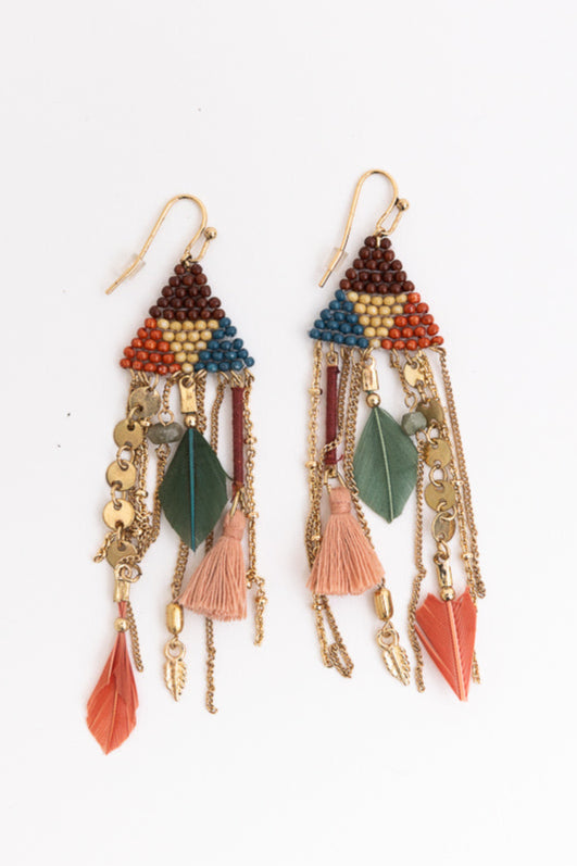 Boho Dreams Beads & Feathers Cascade Earrings