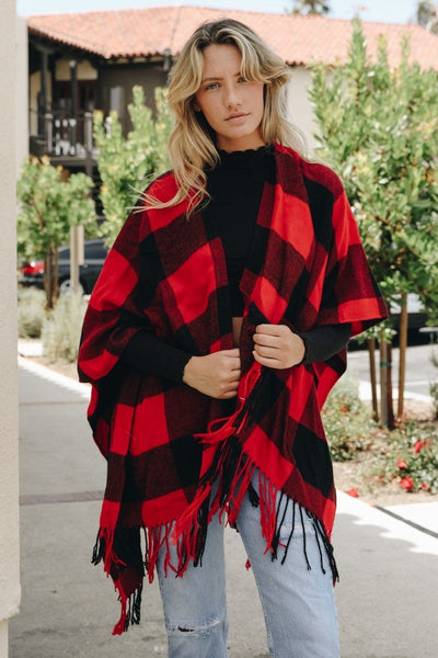 Buffalo Check Tassel Poncho Ponchos Red Black