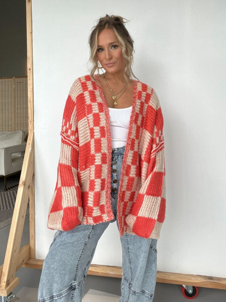 Checkered Open Front Long Sleeve Cardigan-3 colors