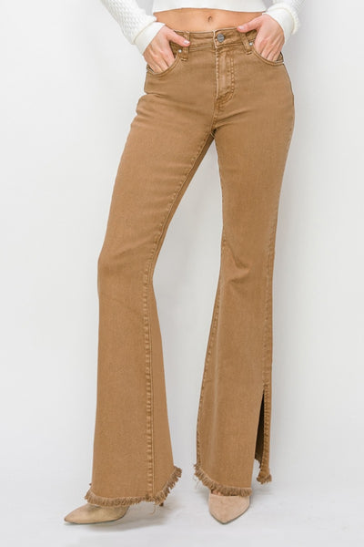 RISEN Camel Side Slit Flare Jeans