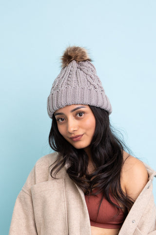 Cable Knit Beanie with Faux Fur Pom Beanies Gray