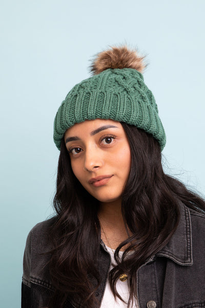 Cable Knit Beanie with Faux Fur Pom Beanies Pine
