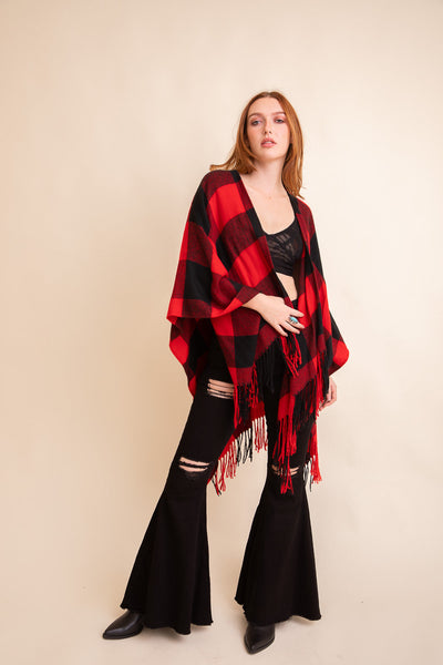 Classic Buffalo Check Tassel Poncho Ponchos