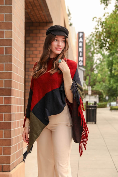 Color Block Tasseled Poncho Ponchos Red/Blue