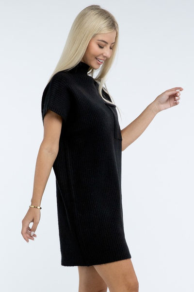 Mock Neck Short Sleeve Sweater Dress with Pocket (6 colors)