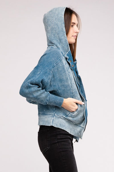 Acid Wash Cotton Waffle Hooded Zip-Up Jacket (5 colors)