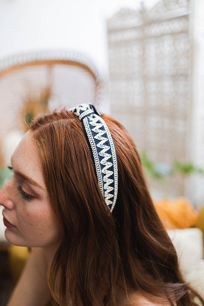 Embroidered Stitch Boho Knot Headband Hats & Hair Blue