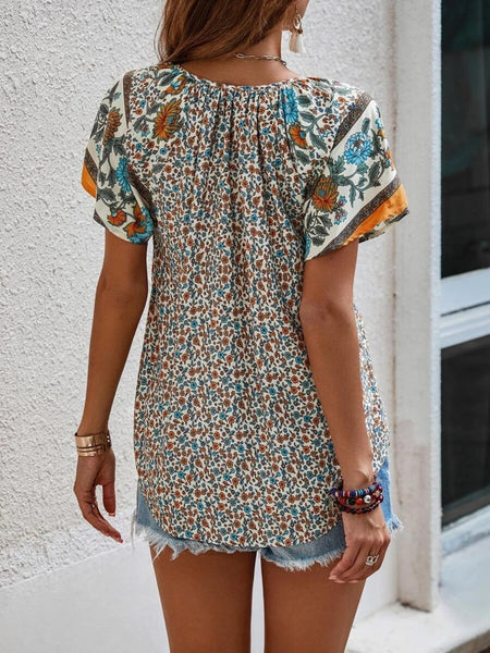 Printed Tie Neck Short Sleeve Blouse-4 colors