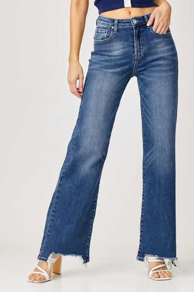 Risen High Rise Frayed Wide Leg Jeans