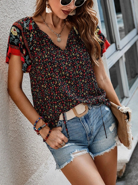 Printed Tie Neck Short Sleeve Blouse-4 colors