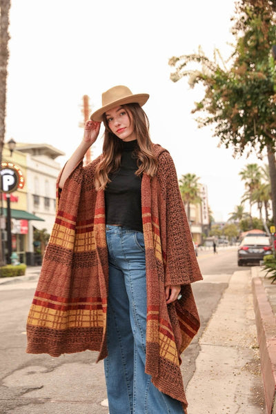Hooded Tartan Ruana Ponchos Brown