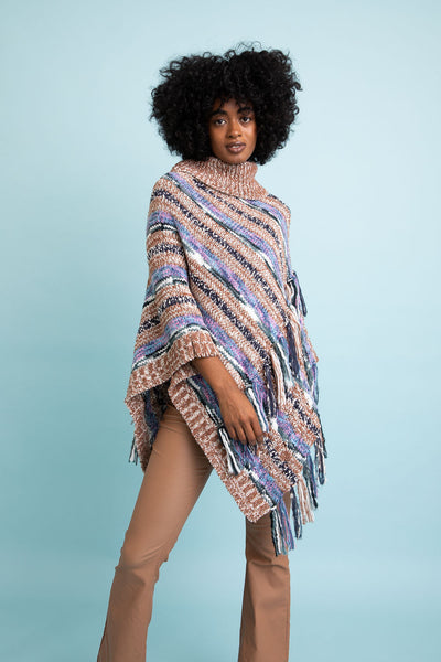 Multicolor Marled Knit Turtle Neck Poncho Ponchos