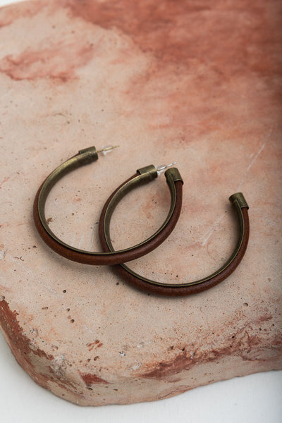 Rustic Charm Leather & Brass Hoop Earrings