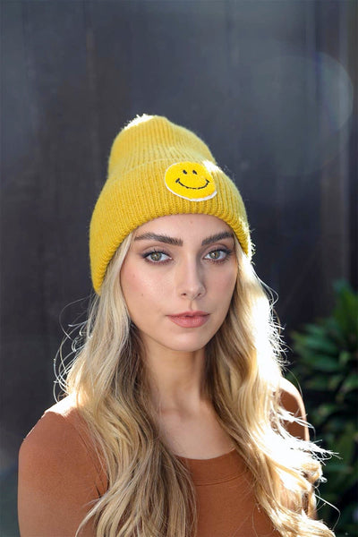 Smiley Face Ribbed Beanie Beanies Mustard