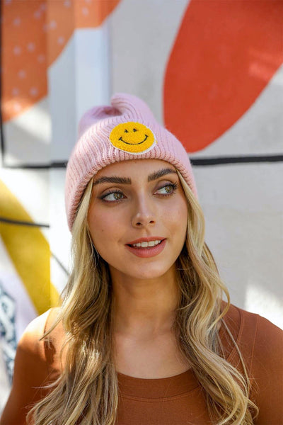 Smiley Face Ribbed Beanie Beanies Pink