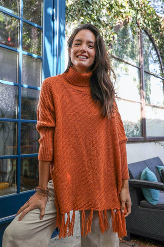 Turtleneck Sleeved Knit Frayed Poncho Ponchos Rust