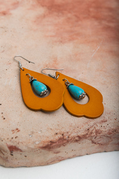 Western Leather Cutout Earrings w/ Turquoise Stone
