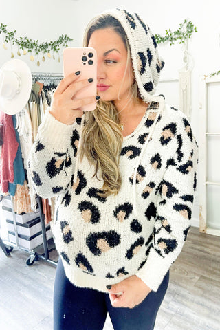 Small or Medium // Leopard Boucle Hooded Sweater