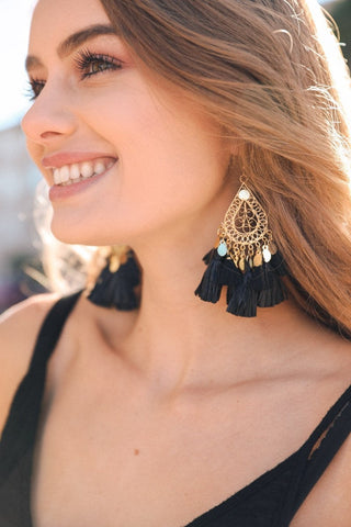 Filigree Raffia Tassel Earrings Jewelry Black