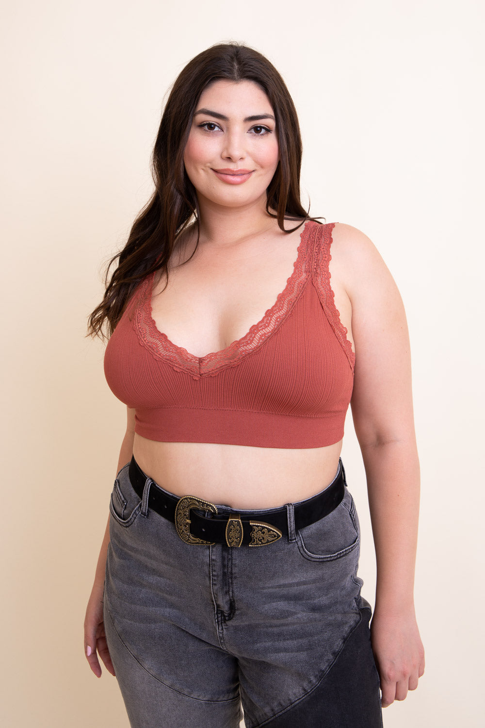 Lace Trim Padded Bralette Plus Rust