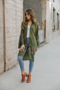 Long Floral Kimono Cardigan Olive