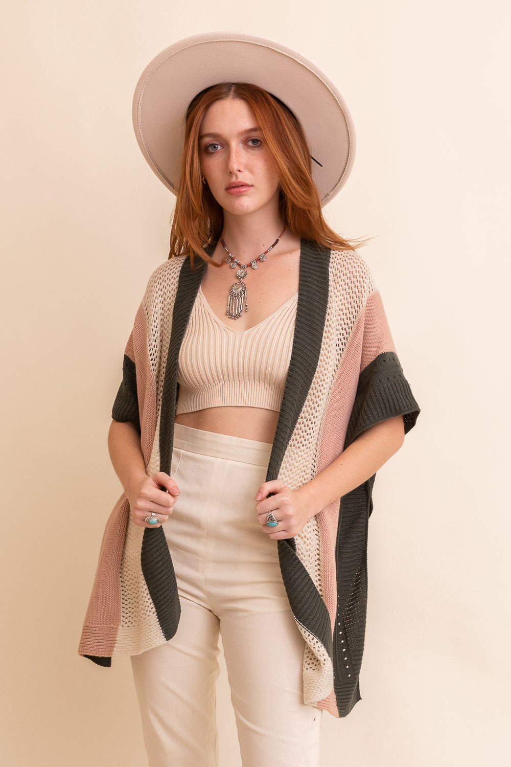 Multi-colored Striped Knit Poncho❤ Ponchos One Size / Pink